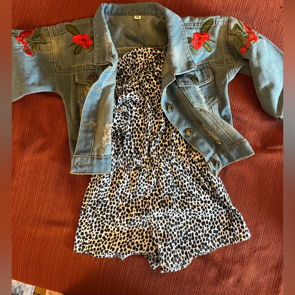 2T girls outfit Dalmatian romper with floral jean jacket